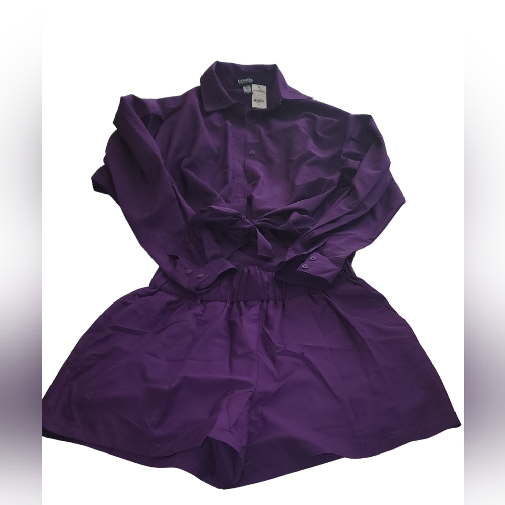 EXPRESS SET NWT PURPLE STYLIST HIGH WAIST SATIN PULL ON SHORTS AND MATCHING TOP
